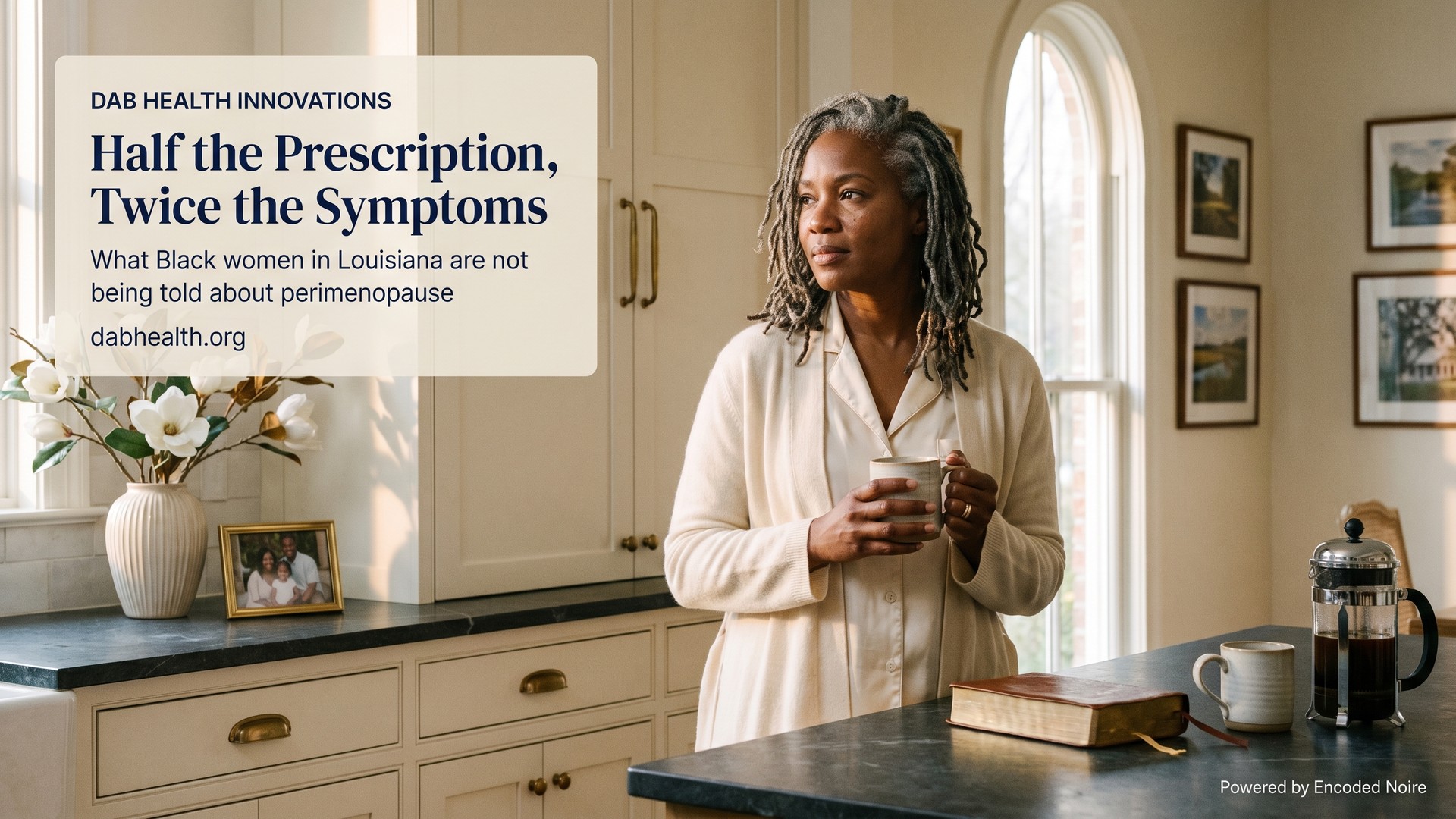 A Black woman in her own Acadiana home at first light, holding a ceramic mug of tea — the cover image for the article Half the Prescription, Twice the Symptoms