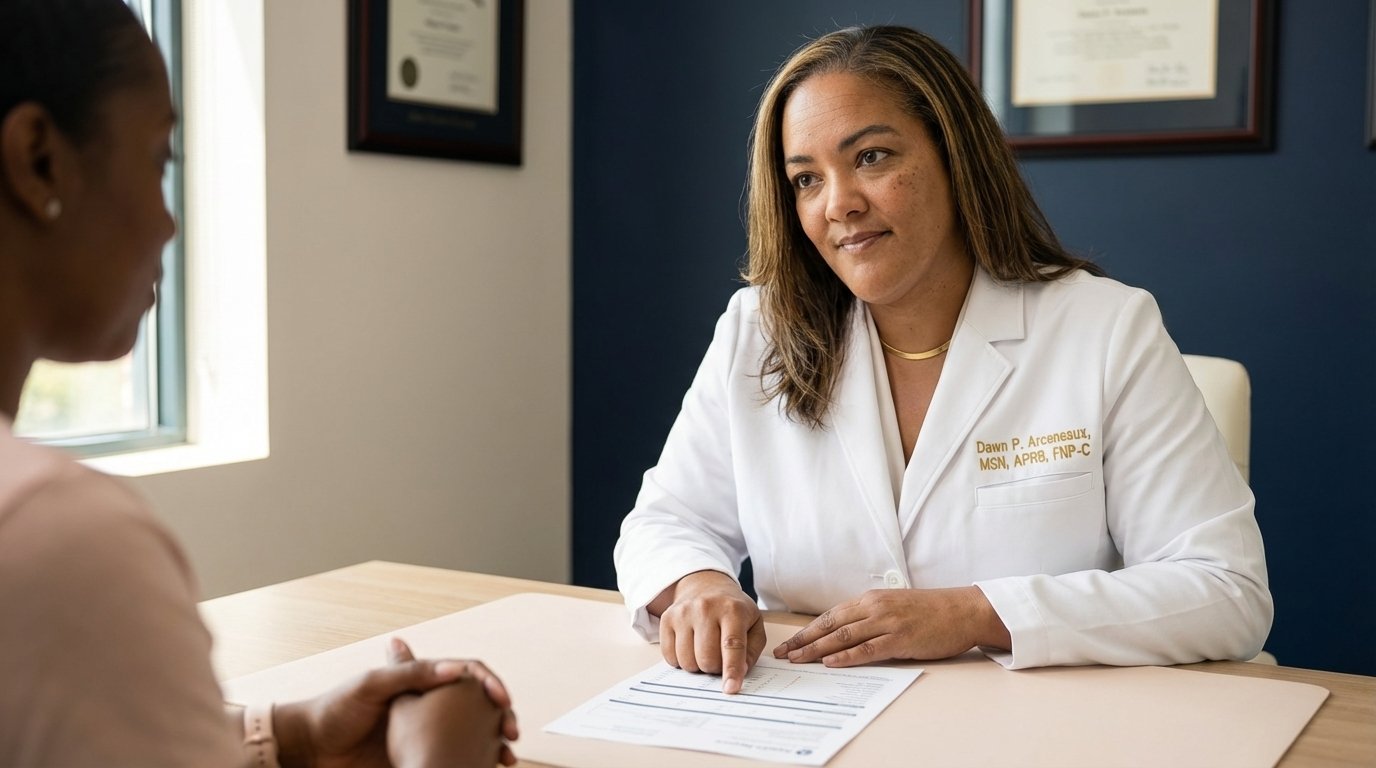 Dawn P. Arceneaux reviewing health numbers with a patient